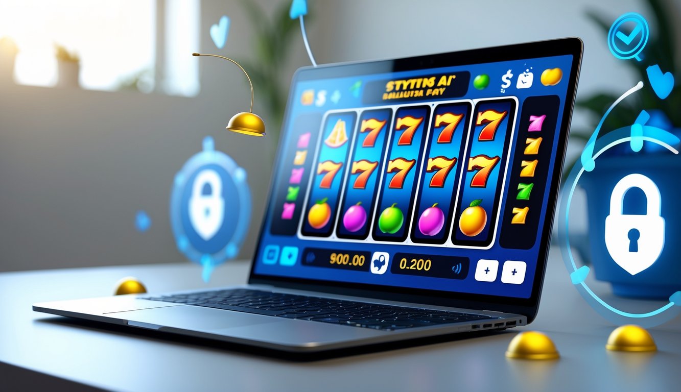 Seorang pengguna sedang bermain mesin slot online di komputer dengan latar ruang kerja yang bersih dan terang.