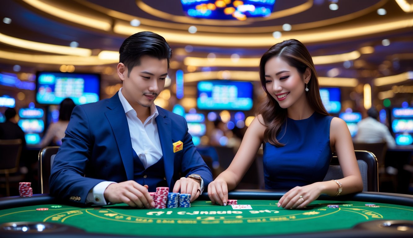 Seorang pria dan wanita sedang bermain kartu di meja kasino modern dengan suasana mewah dan pencahayaan dinamis.