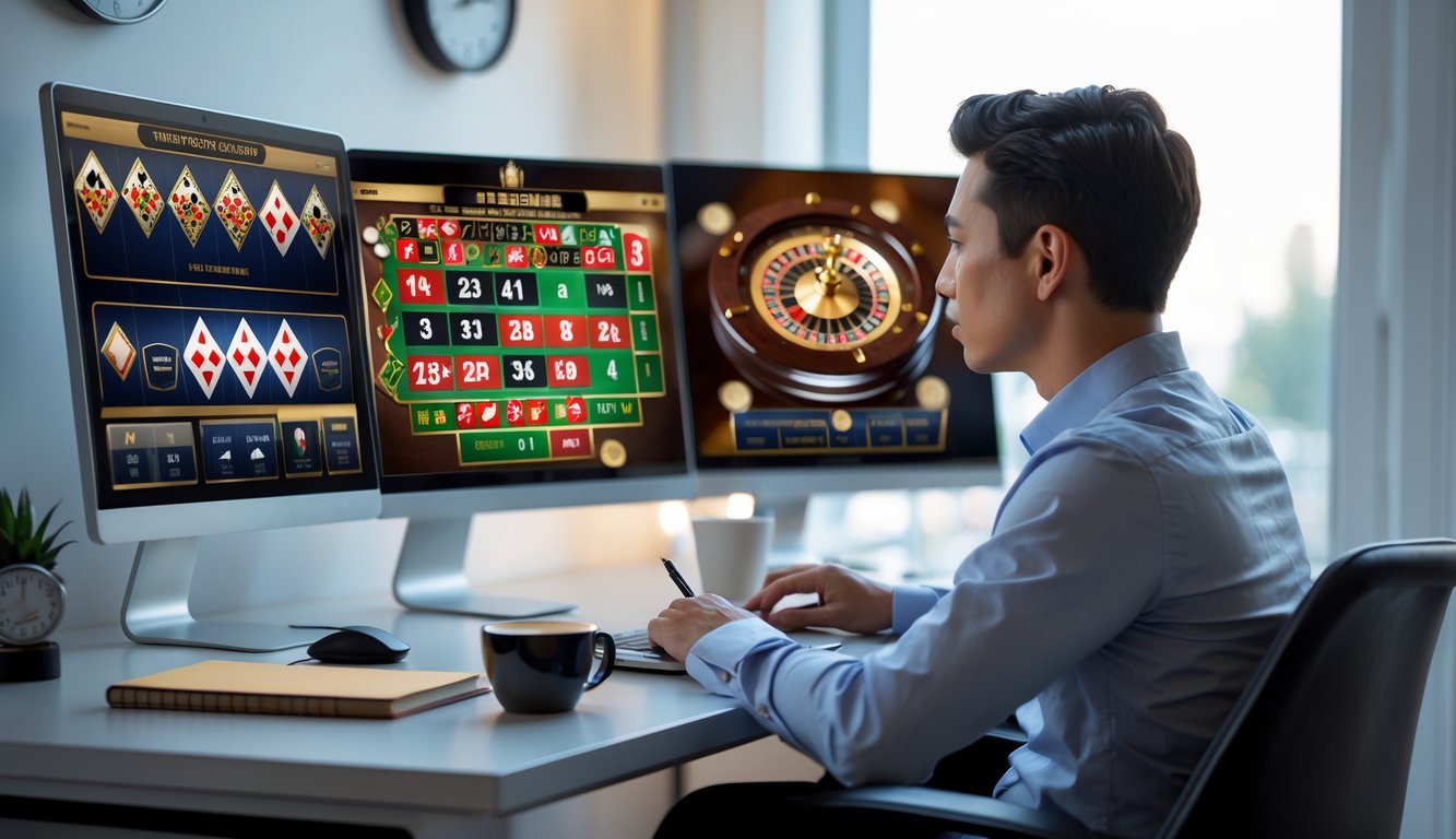 Seorang individu fokus bekerja di depan beberapa layar komputer yang menampilkan platform kasino langsung di ruang kerja modern.