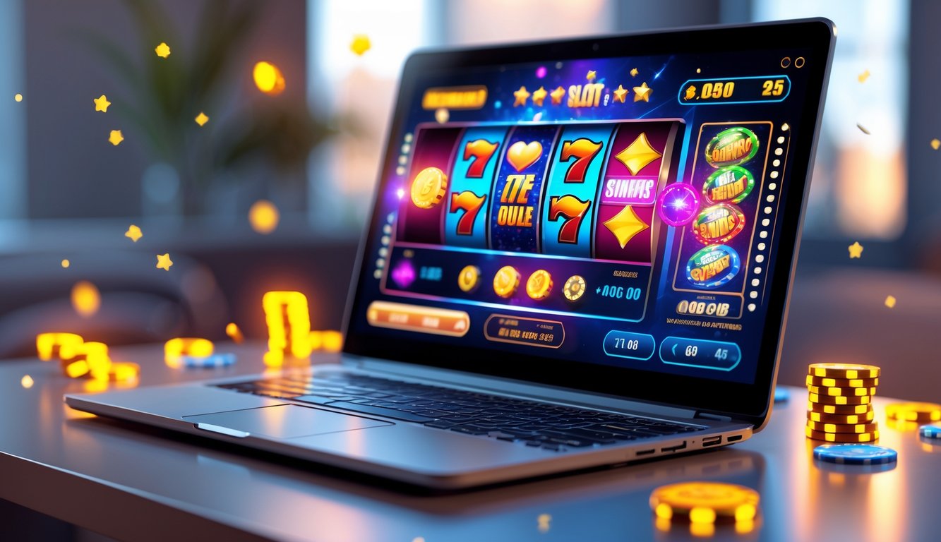 Sebuah meja dengan komputer yang menampilkan permainan slot online berwarna cerah dengan koin dan chip poker di sekitarnya.