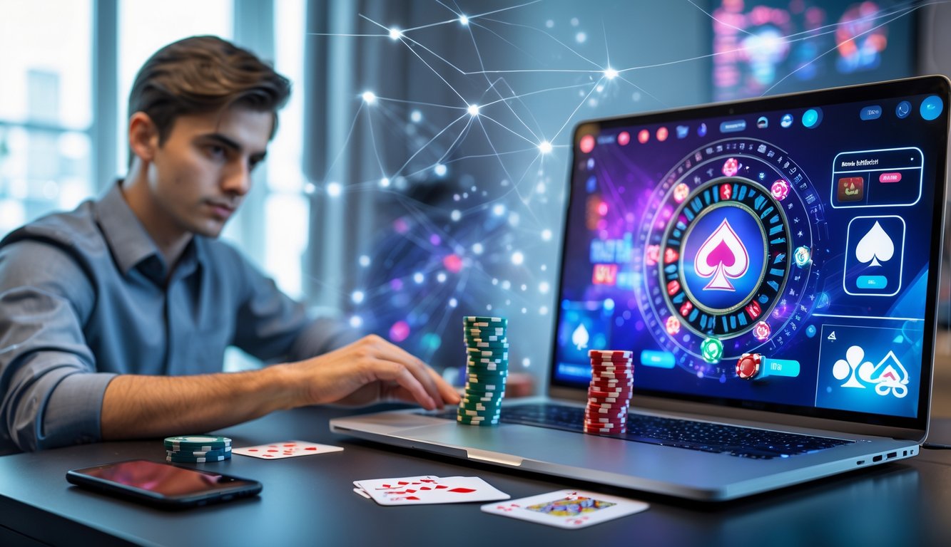 Seorang dewasa muda duduk di meja dengan laptop yang menampilkan permainan poker online, dikelilingi oleh chip poker dan kartu bermain.