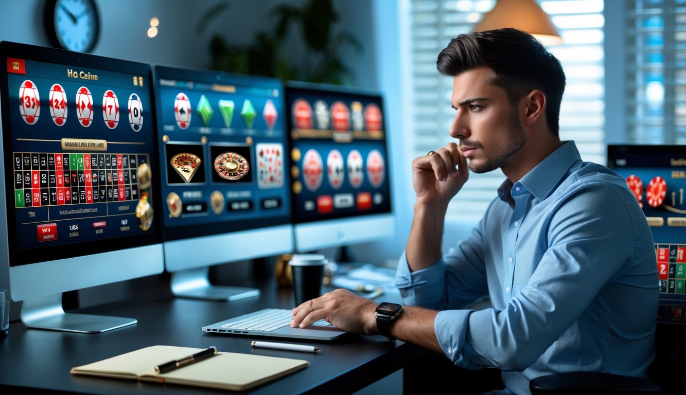 Seorang pria muda duduk di meja dengan beberapa layar komputer yang menampilkan permainan kasino langsung, tampak serius dan fokus sambil mencatat sesuatu.