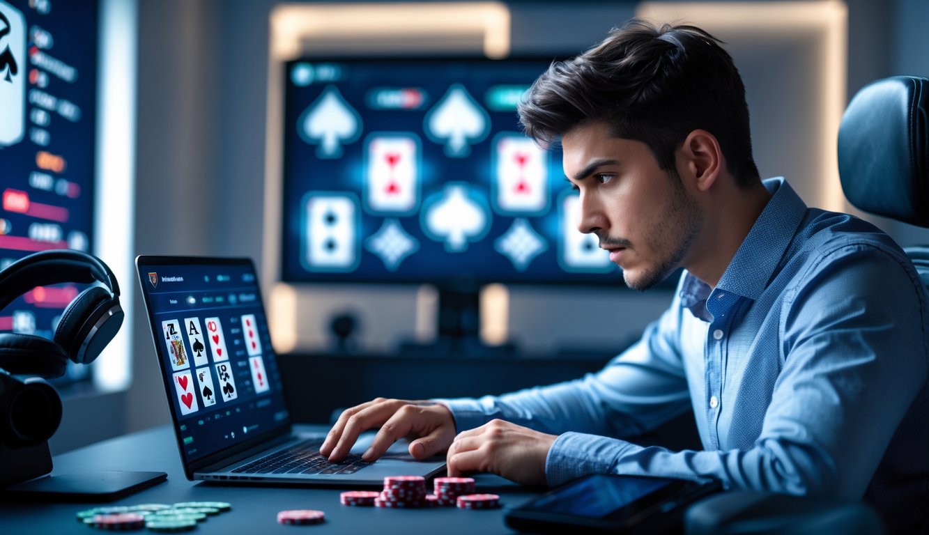 Seorang pria muda fokus bermain poker digital di depan laptop di ruangan modern dengan chip poker dan tablet di meja.