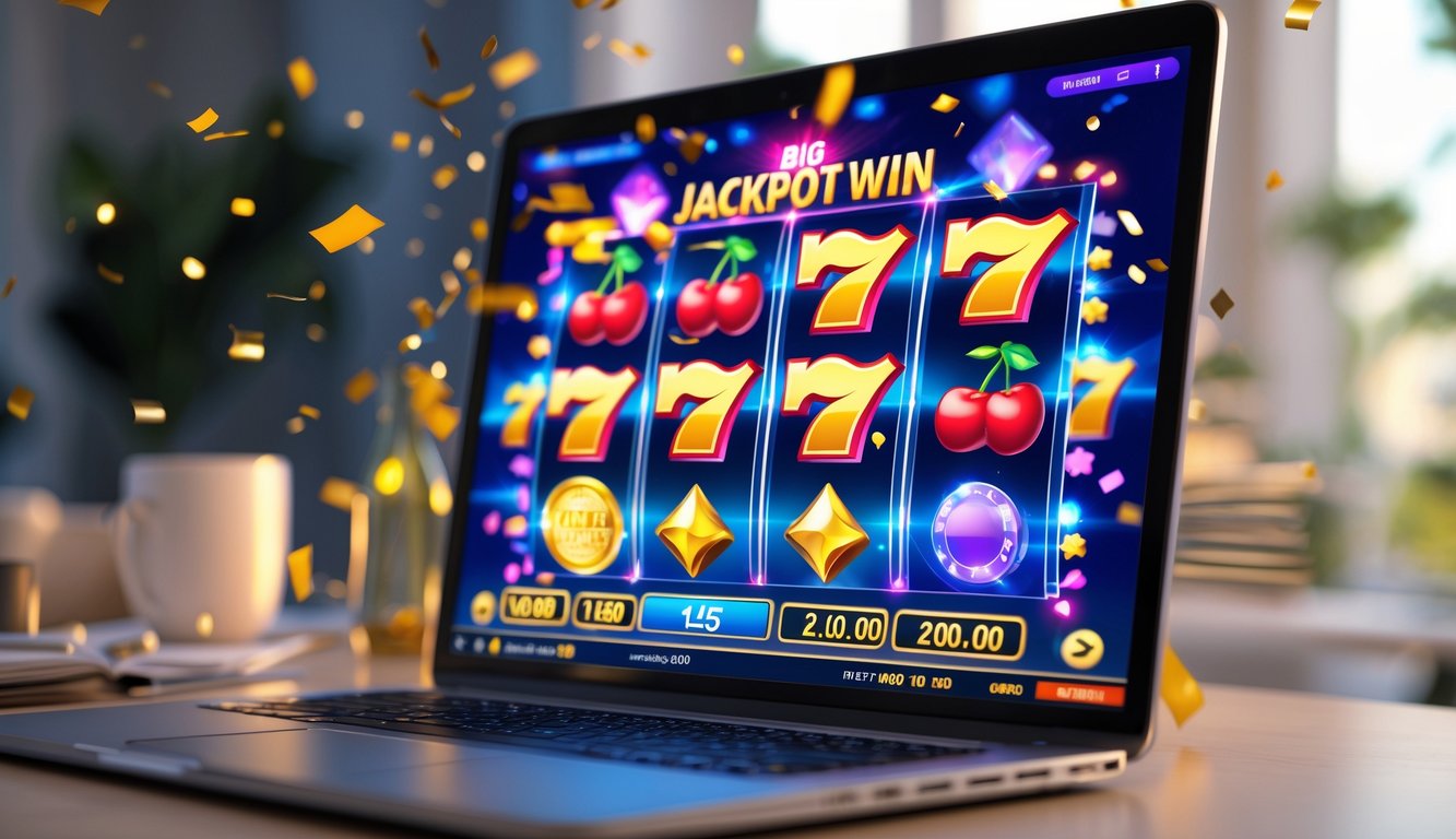 Seseorang sedang bermain mesin slot online dengan layar menampilkan simbol kemenangan dan suasana penuh kegembiraan.