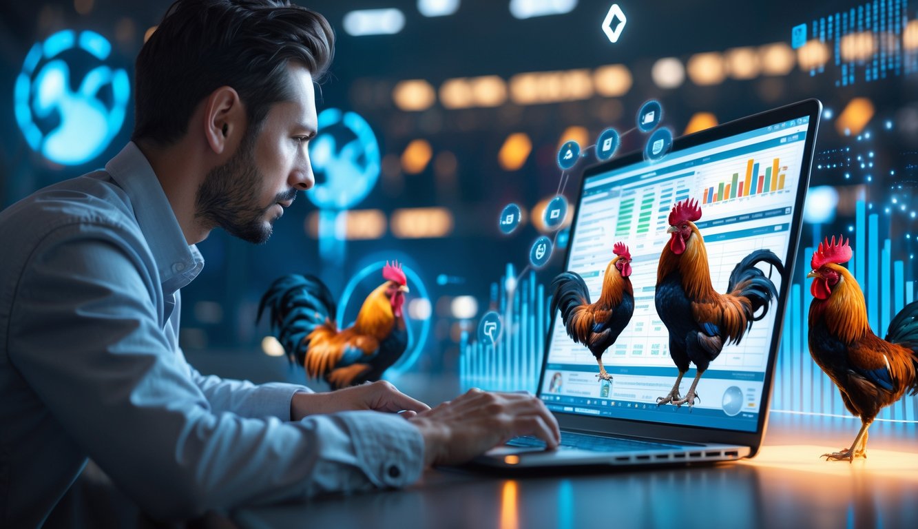 Seorang pria sedang fokus melihat layar laptop dengan gambar dan grafik ayam petarung di sekitarnya.