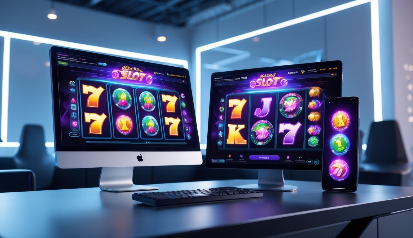Sebuah meja dengan komputer dan ponsel yang menampilkan permainan slot online dengan latar belakang lounge gaming modern.