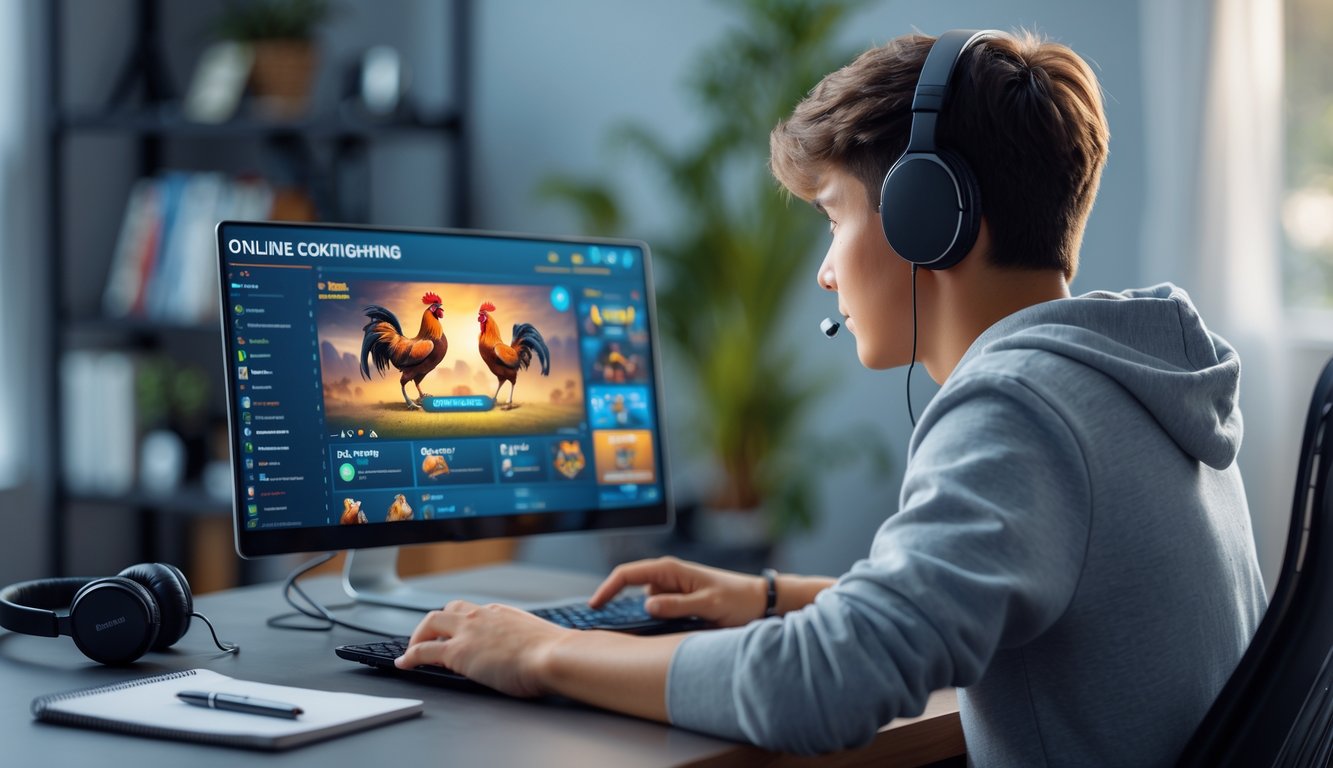 Seorang pria muda duduk di meja dengan laptop terbuka, fokus pada layar yang menampilkan permainan sabung ayam online, di ruangan yang nyaman dengan tanaman dan rak buku di latar belakang.