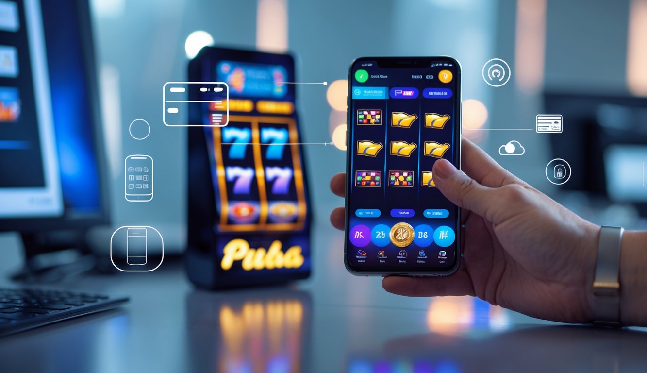 Seseorang memegang ponsel yang menampilkan permainan slot online dengan ikon pembayaran digital di sekitarnya.