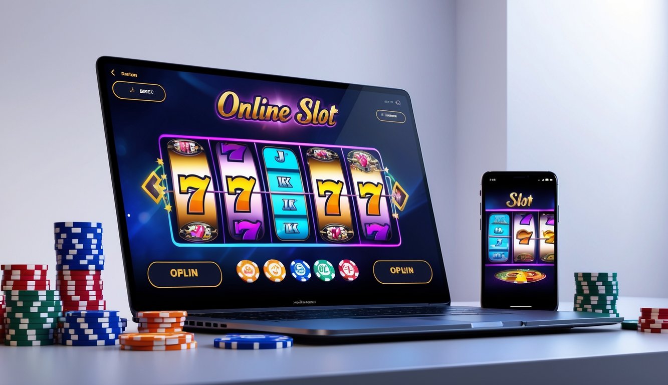 Sebuah komputer dengan layar menampilkan permainan slot online berwarna-warni, dikelilingi oleh chip poker dan kartu remi di atas meja.