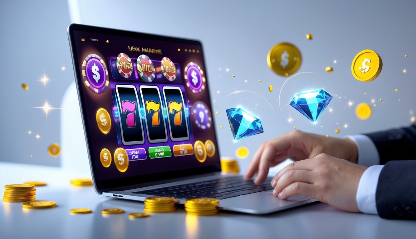 Seseorang menggunakan komputer dengan tampilan permainan slot online yang berwarna-warni dan koin berkilau di sekitarnya.