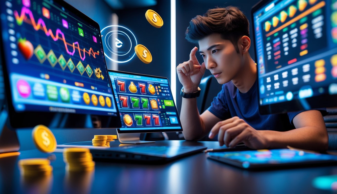 Seorang dewasa muda sedang duduk di meja dengan laptop dan ponsel yang menampilkan permainan slot online, tampak fokus menganalisis pola permainan.