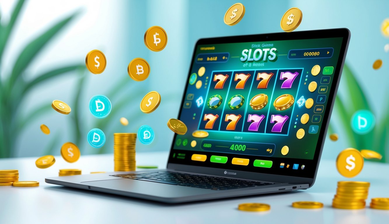 Seseorang menggunakan laptop dengan permainan slot online yang berwarna-warni di layar, dikelilingi oleh ikon koin digital dan latar belakang futuristik.