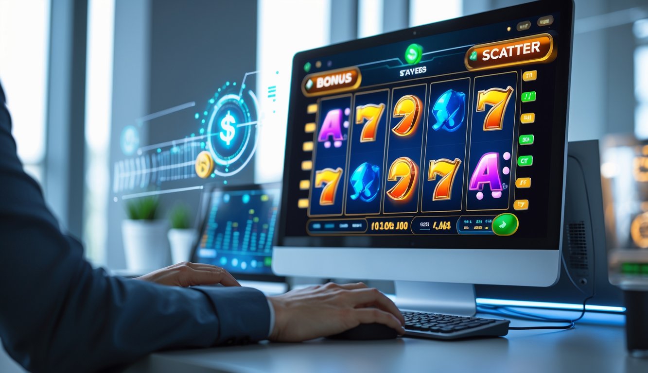 Seseorang sedang menggunakan komputer dengan layar menampilkan permainan slot online dengan simbol bonus dan scatter yang berwarna-warni.