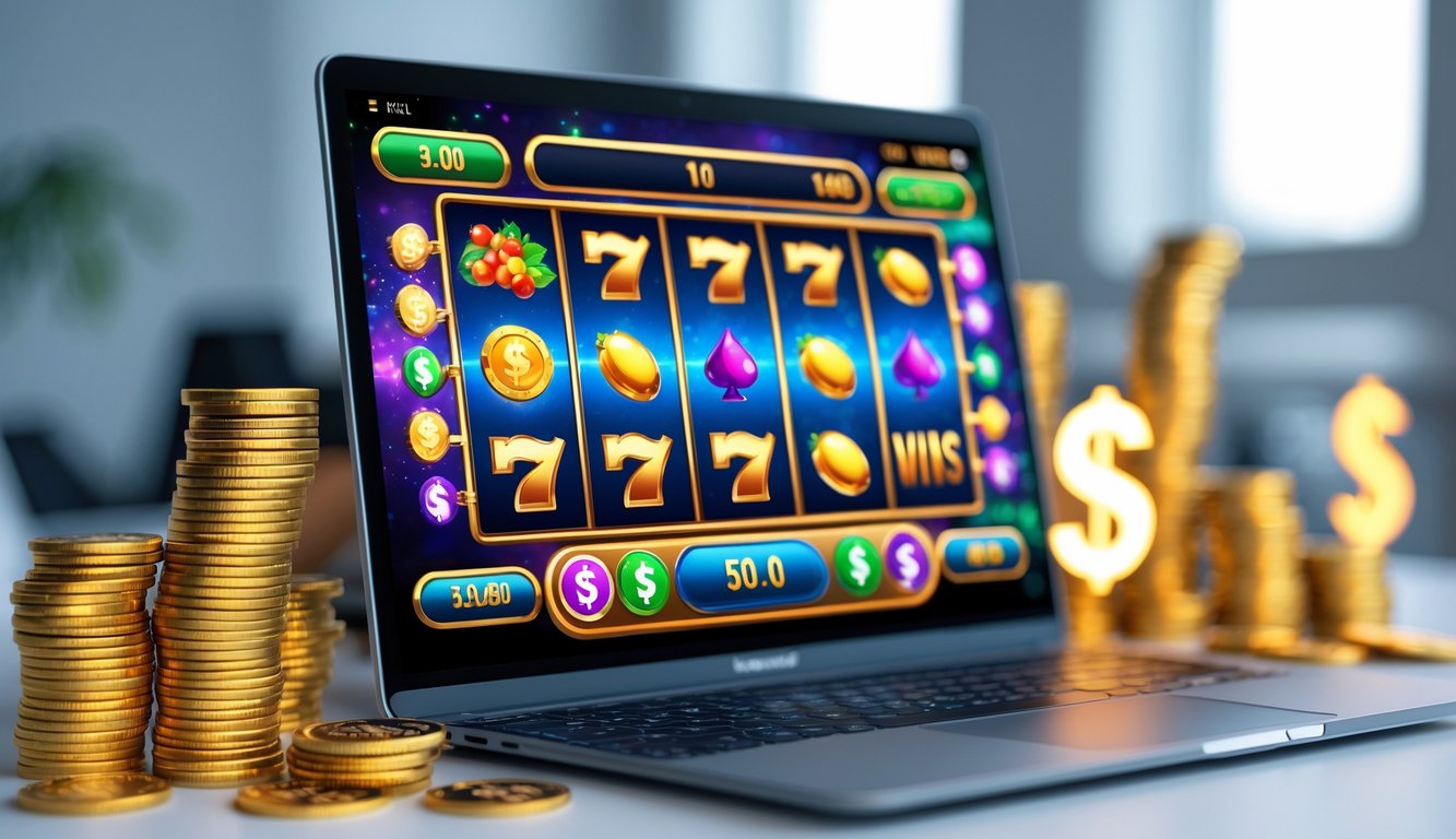 Layar komputer menampilkan permainan slot online dengan simbol berwarna cerah dan tumpukan koin emas di sekitarnya.