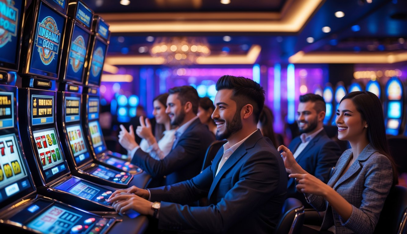 Orang-orang bermain mesin slot di lingkungan kasino modern dengan layar digital dan lampu warna-warni.