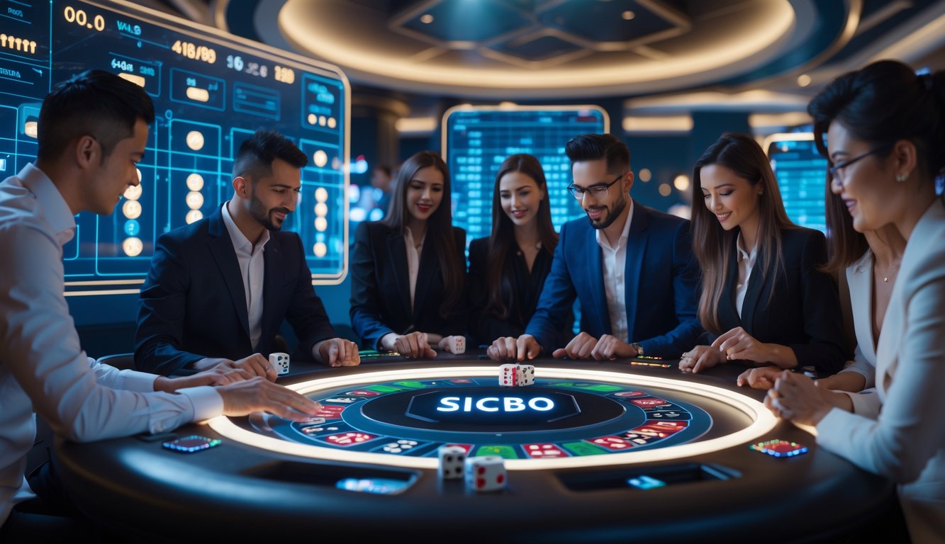 Orang-orang bermain Sicbo digital di meja modern dengan layar digital dan suasana kasino yang canggih.