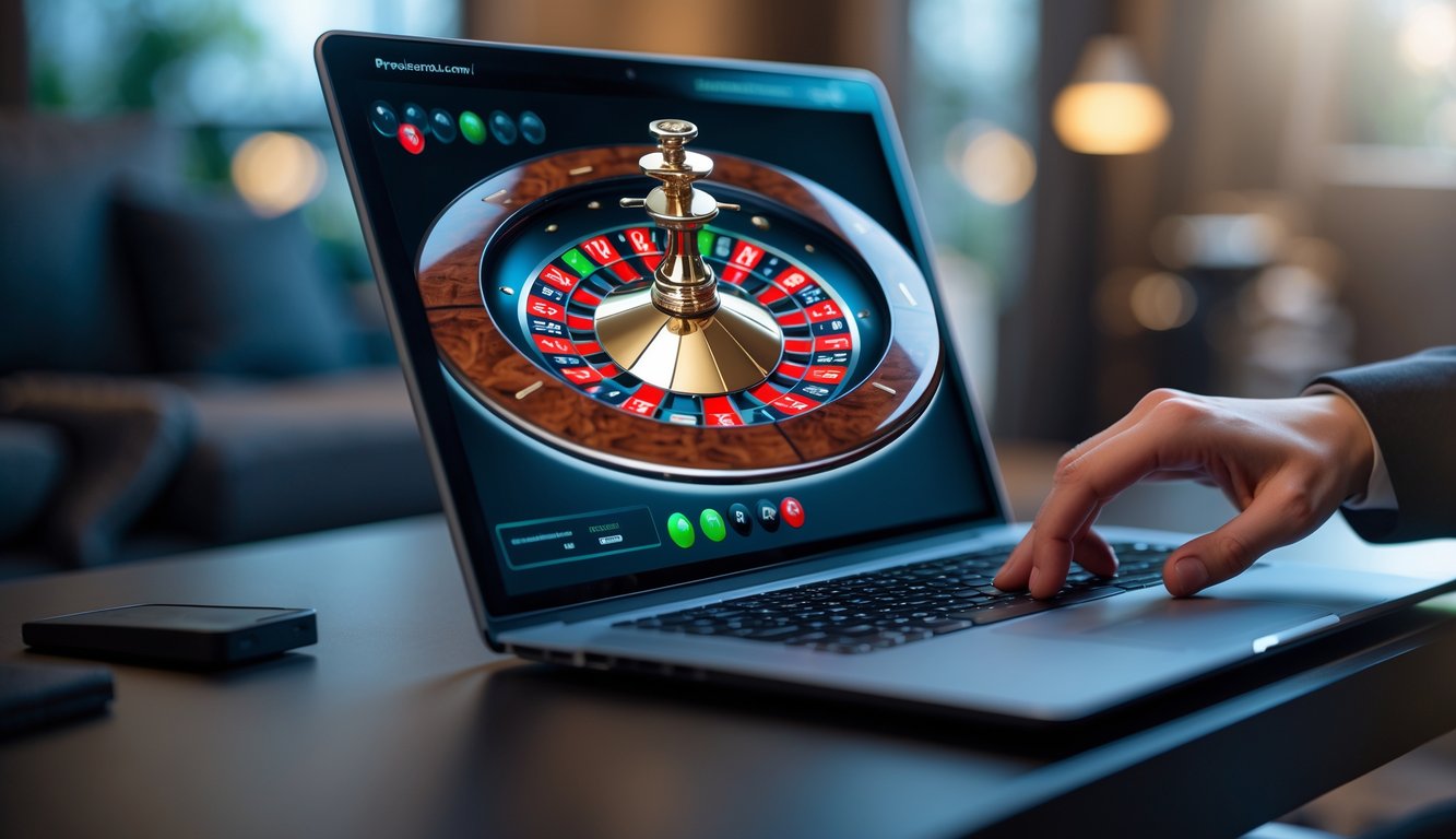Seseorang menggunakan komputer dengan tampilan roda roulette online yang berwarna cerah di layar.