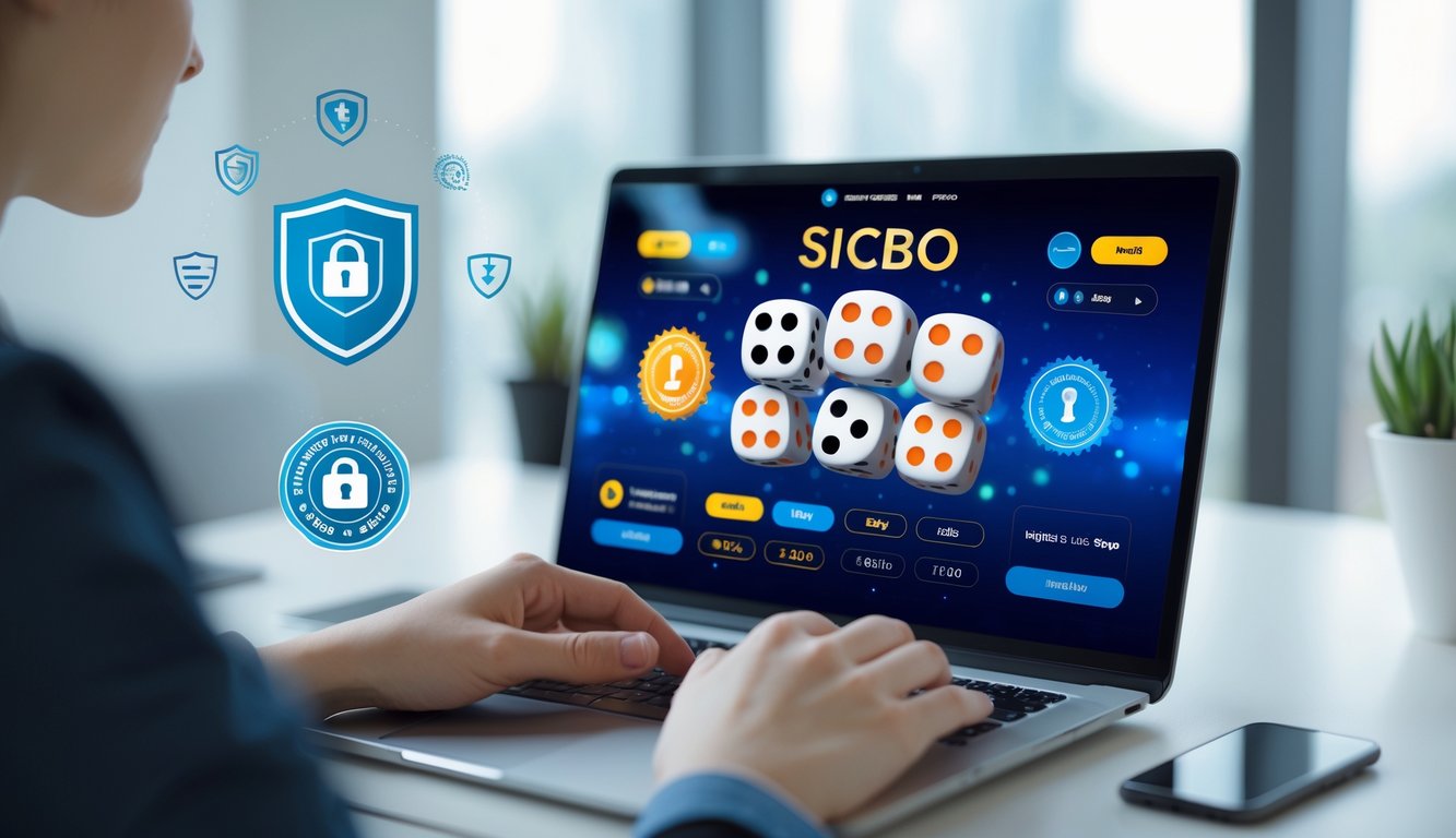 Seseorang menggunakan komputer dengan tampilan permainan Sicbo online dan simbol keamanan di sekitar layar.