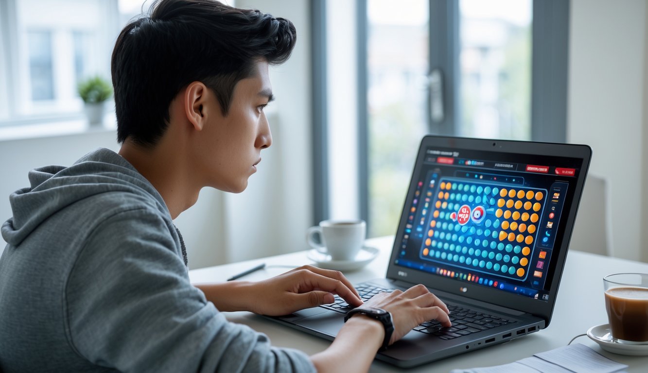 Seorang dewasa muda sedang fokus bermain Sicbo online di laptop di ruang kerja rumah yang rapi dan terang.