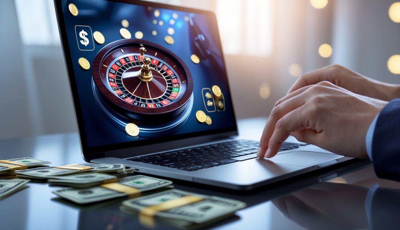 Seseorang menggunakan laptop atau ponsel untuk bermain roulette online dengan uang asli, menampilkan roda roulette berputar di layar.