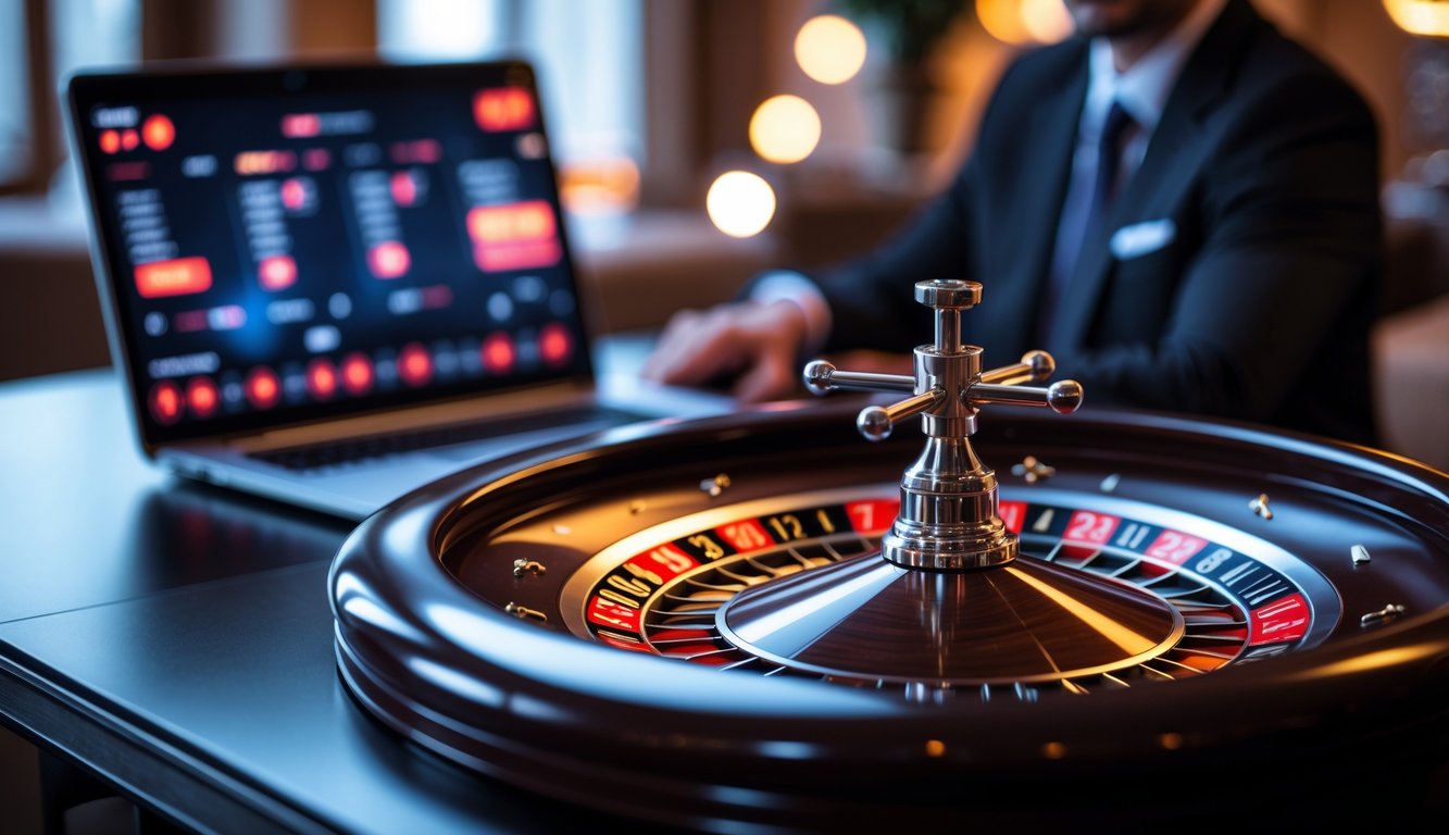 Meja roulette dengan roda roulette berputar dan layar komputer menampilkan permainan kasino online.