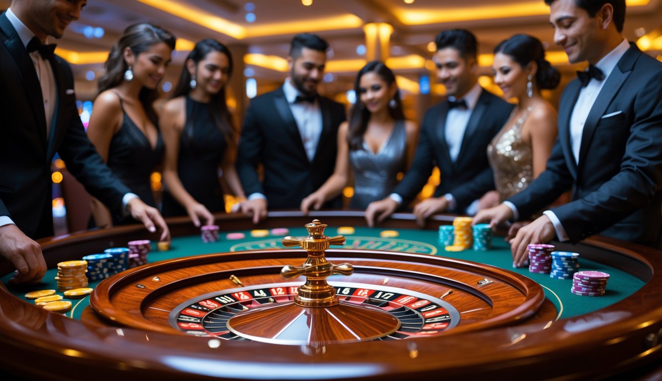 Meja roulette dengan pemain yang sedang bertaruh di kasino mewah.