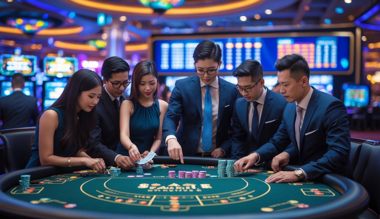 Sekelompok orang berpakaian rapi sedang berkumpul di meja permainan kasino modern dengan layar digital dan chip, fokus pada strategi permainan.