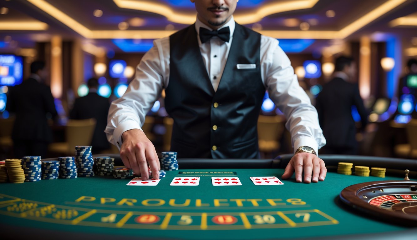 Seorang dealer kasino profesional sedang membagikan kartu di meja permainan dengan tumpukan chip dan roda roulette di latar belakang kasino yang terang.