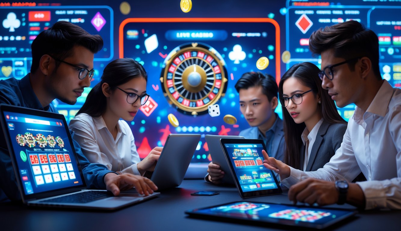 Beberapa orang muda sedang menggunakan perangkat digital untuk bermain di platform kasino langsung secara online.