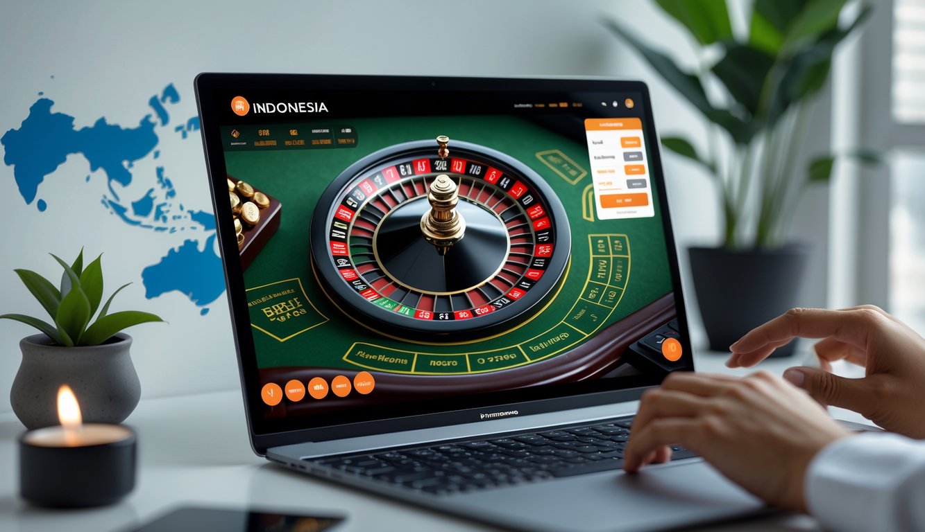 Tampilan layar perangkat dengan permainan roulette online dan latar belakang elemen budaya Indonesia.