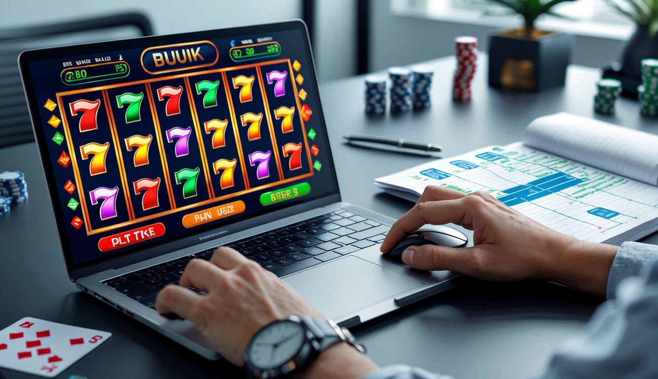 Seseorang sedang menganalisis strategi bermain slot online di depan laptop dengan catatan dan grafik di meja kerja.
