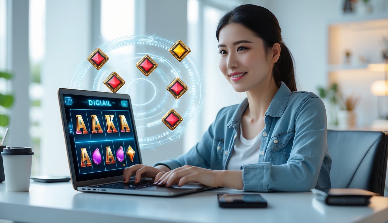 Seorang wanita muda duduk di meja modern sambil bermain slot online di laptop dengan ekspresi fokus dan senang.