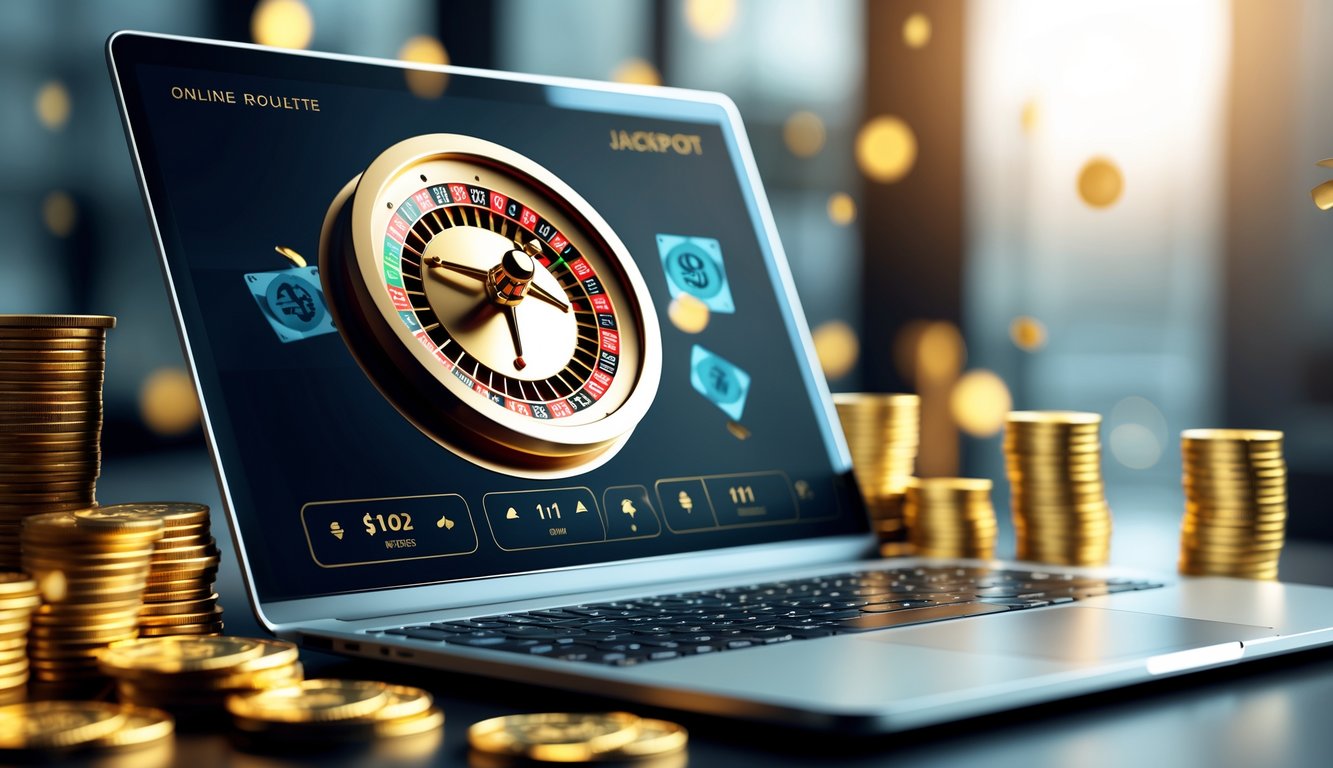 Tampilan roda roulette digital di layar komputer dengan tumpukan chip poker dan koin di sekitar.
