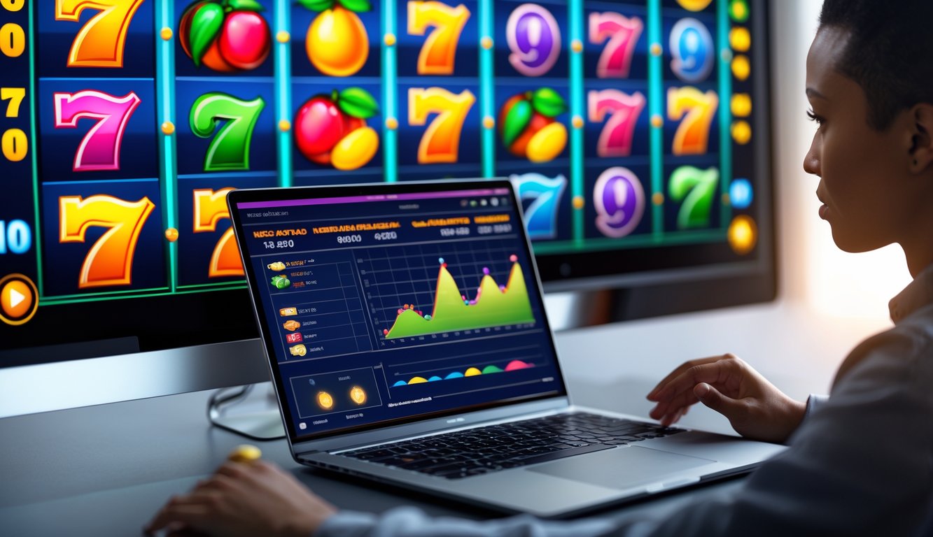 Seorang pria fokus melihat layar laptop dengan grafik pola permainan slot digital di depan mesin slot modern yang berwarna-warni.