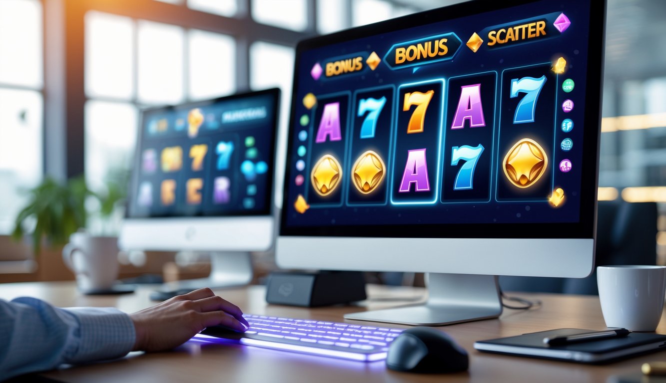 Seseorang sedang menggunakan komputer dengan tampilan permainan slot online yang menampilkan simbol bonus dan scatter yang menonjol.