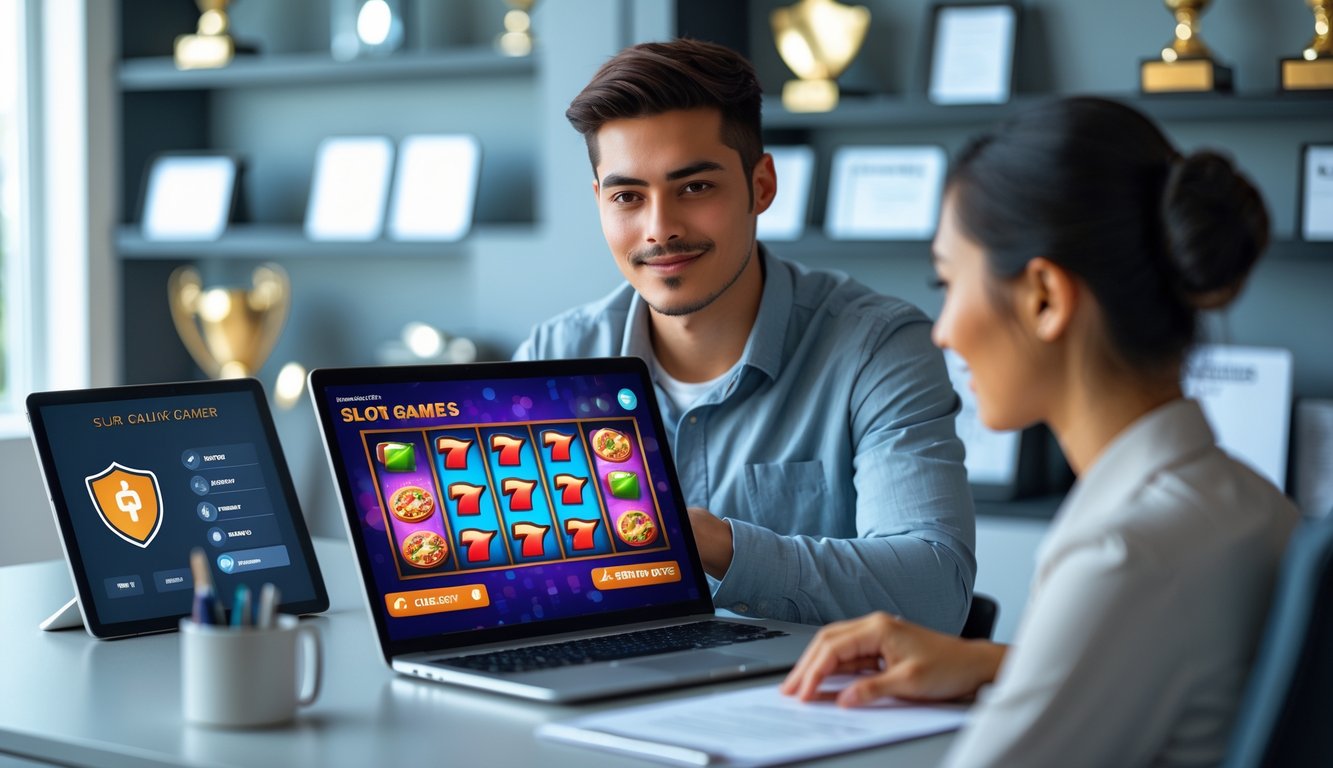 Seorang dewasa muda duduk di meja kerja menggunakan laptop dengan gambar permainan slot online di layar, di ruang kantor yang rapi dan terang.