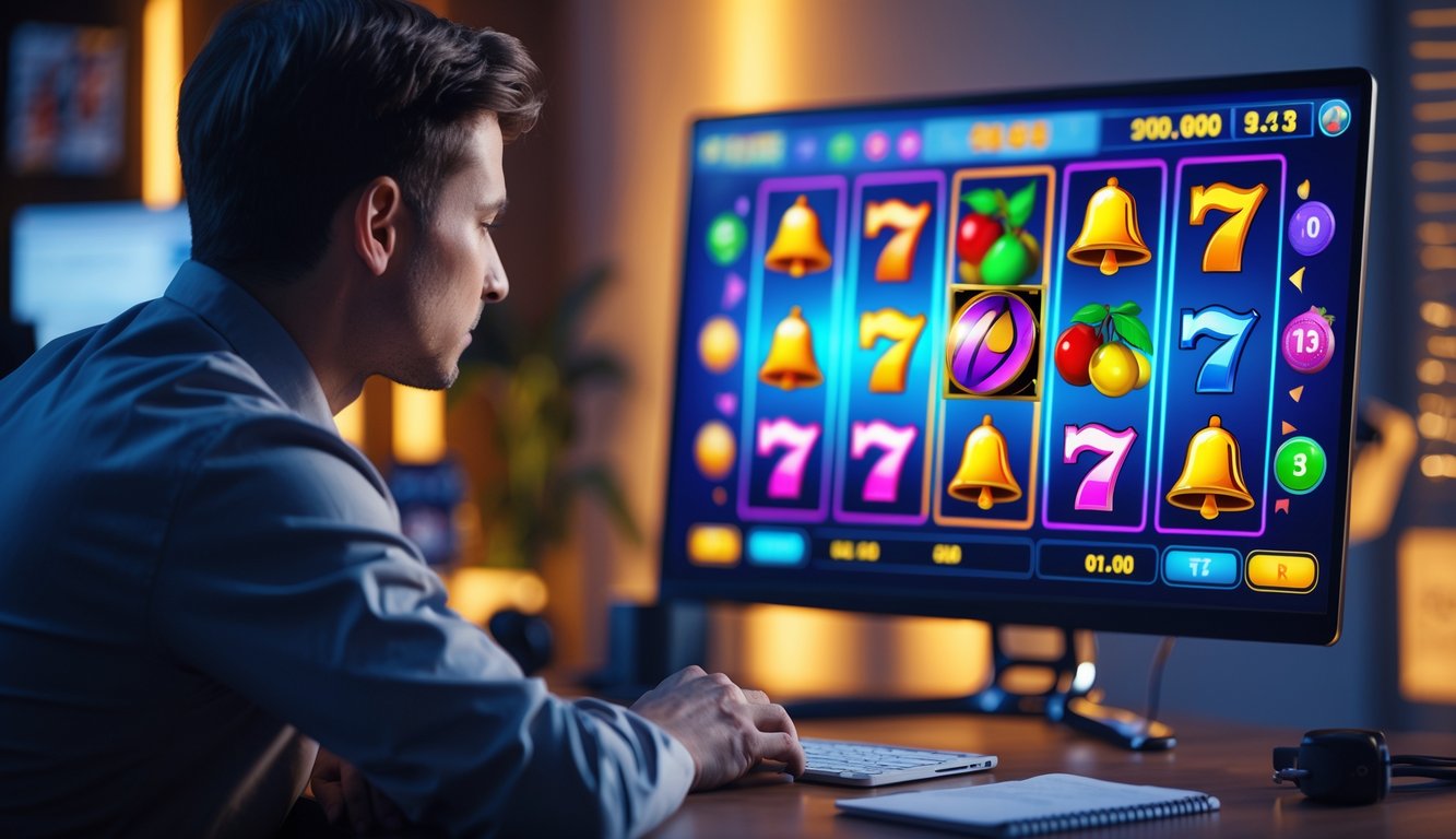 Seorang pemain dewasa sedang fokus bermain slot online di komputer dengan layar menampilkan gulungan slot berwarna-warni di ruang bermain yang nyaman.