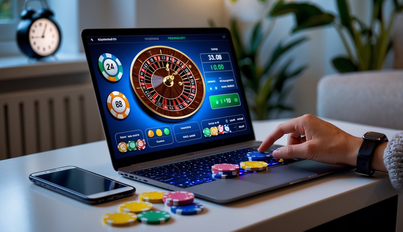 Seorang pemain menggunakan laptop untuk bermain roulette online di ruangan yang nyaman dengan pencahayaan lembut.