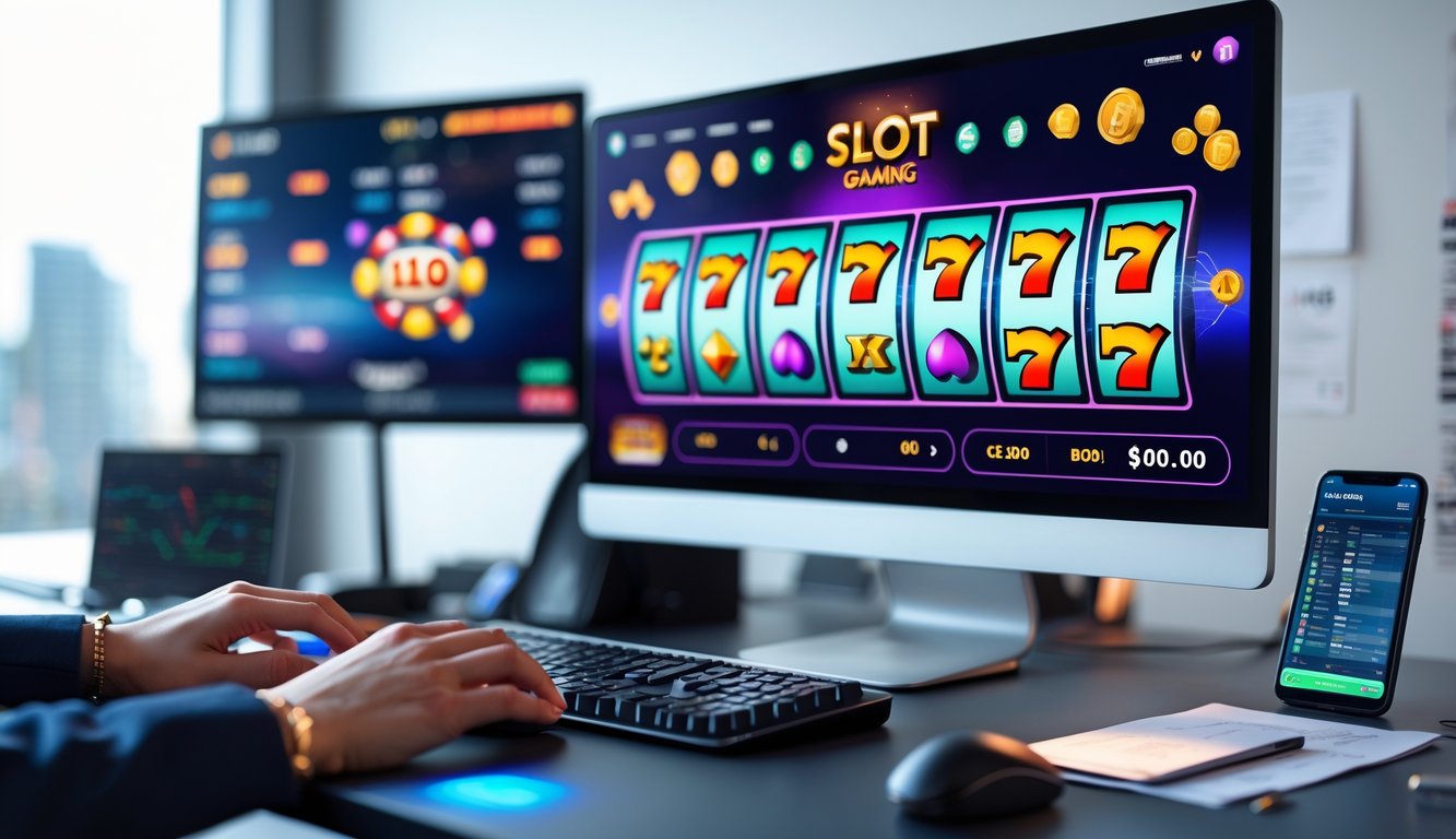 Seorang pemain sedang menggunakan komputer dengan tampilan permainan slot online di layar, tangan terlihat mengoperasikan mouse dan keyboard di meja yang rapi.