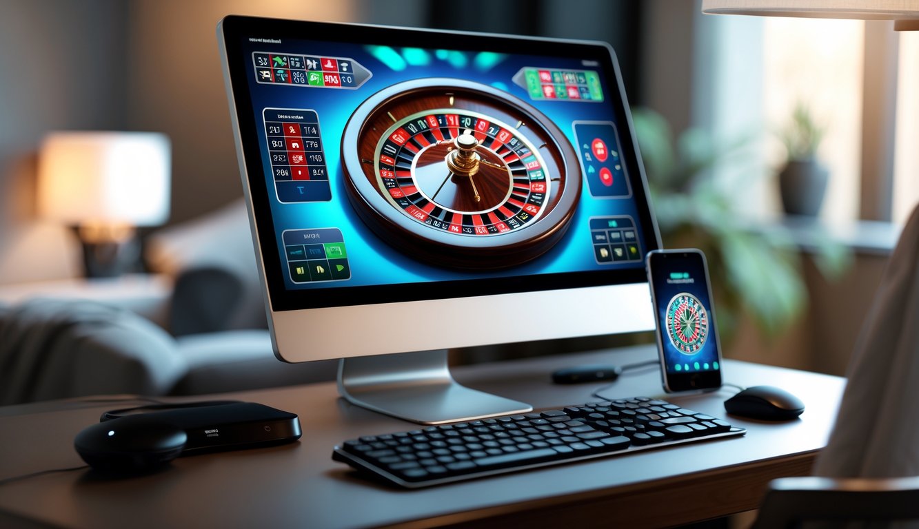 Sebuah meja kerja dengan monitor menampilkan roda roulette digital dan perangkat elektronik di sekitarnya.