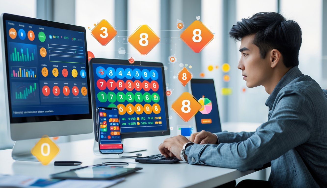 Seorang dewasa muda duduk di meja dengan laptop dan ponsel yang menampilkan angka lotere dan grafik, tampak fokus dan menganalisis data di ruang kantor yang terang.