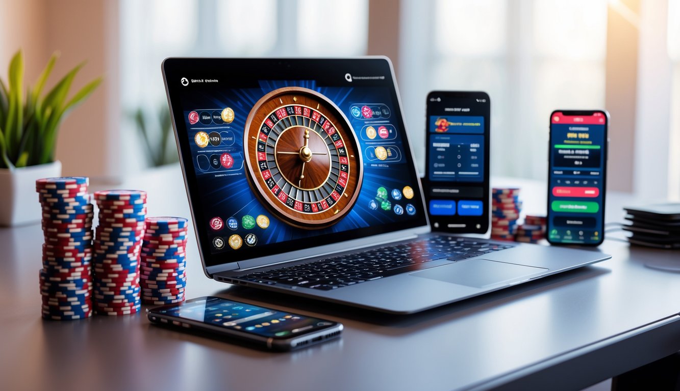 Seorang pria menggunakan laptop dengan tampilan roda roulette online dan chip poker di meja dekatnya.