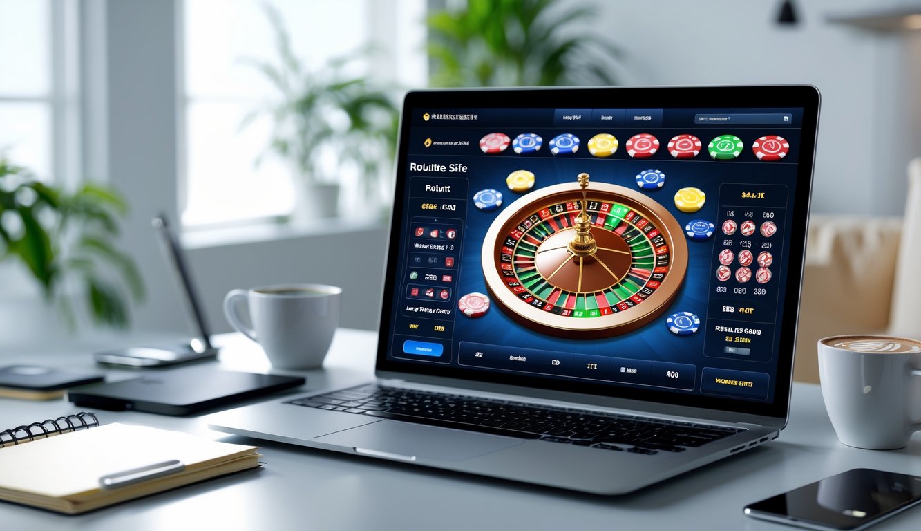 Seorang pengguna sedang bermain roulette online di laptop di meja kerja yang rapi dengan chip dan roda roulette digital terlihat di layar.