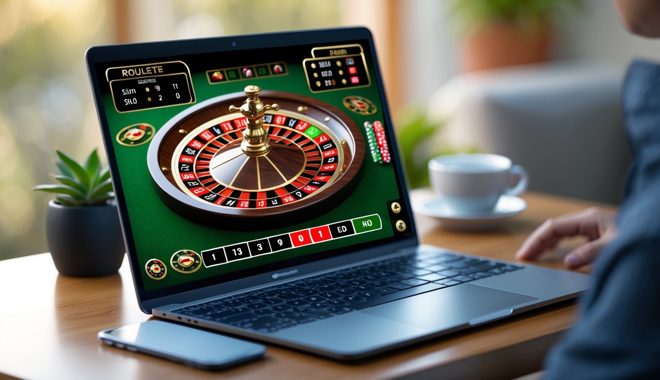 Tampilan layar laptop dengan permainan roulette online, meja kayu, ponsel dan secangkir kopi di sampingnya.