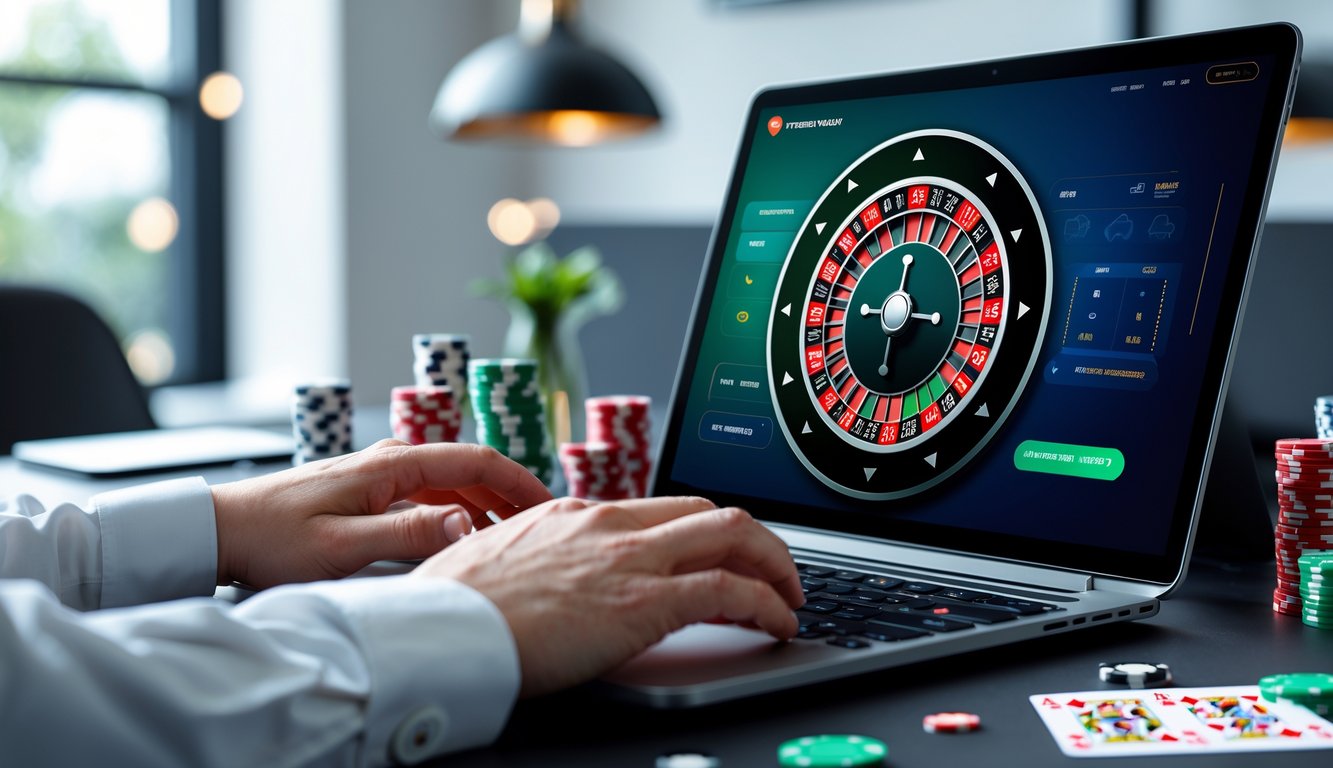 Sebuah meja kerja modern dengan layar komputer menampilkan permainan roulette online dan beberapa chip poker di sekitarnya.
