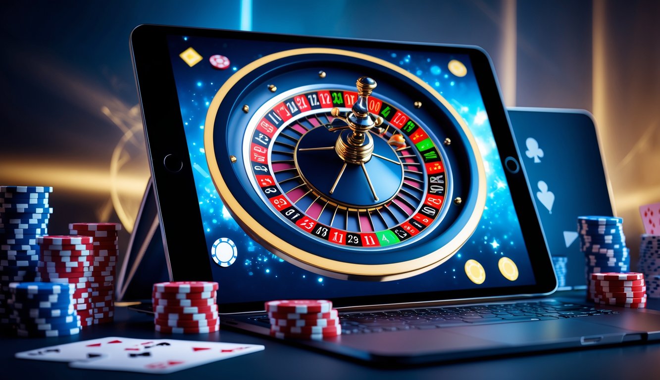 Sebuah meja permainan roulette online dengan roda roulette digital yang berputar pada layar komputer atau tablet, dikelilingi chip poker dan kartu remi.