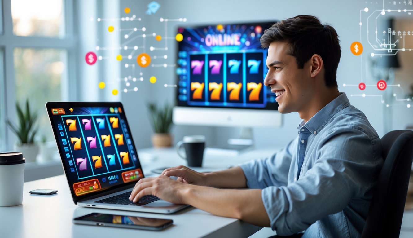 Seorang dewasa muda sedang duduk di meja modern sambil bermain permainan slot online di laptop dengan ekspresi fokus dan senang.