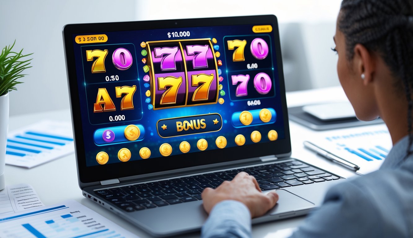 Seorang profesional duduk di depan komputer yang menampilkan permainan slot online dengan fitur bonus menarik, di ruang kerja modern yang rapi.