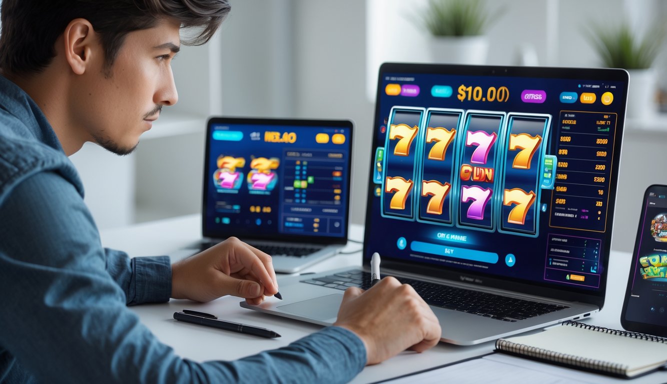 Seorang dewasa muda fokus duduk di meja dengan laptop dan tablet yang menampilkan permainan slot online, sambil menganalisis data dan mencatat strategi.