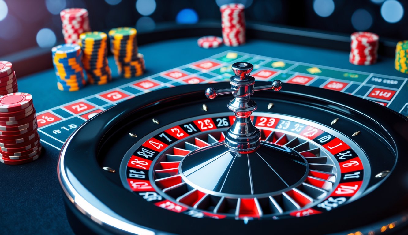 Meja roulette kasino online dengan roda roulette berputar dan chip taruhan berwarna-warni.